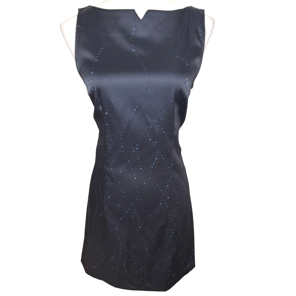 Vintage Byer Too Y2K Navy Satin Celestial Crystal Stud Sheath Mini Dress NWT S
